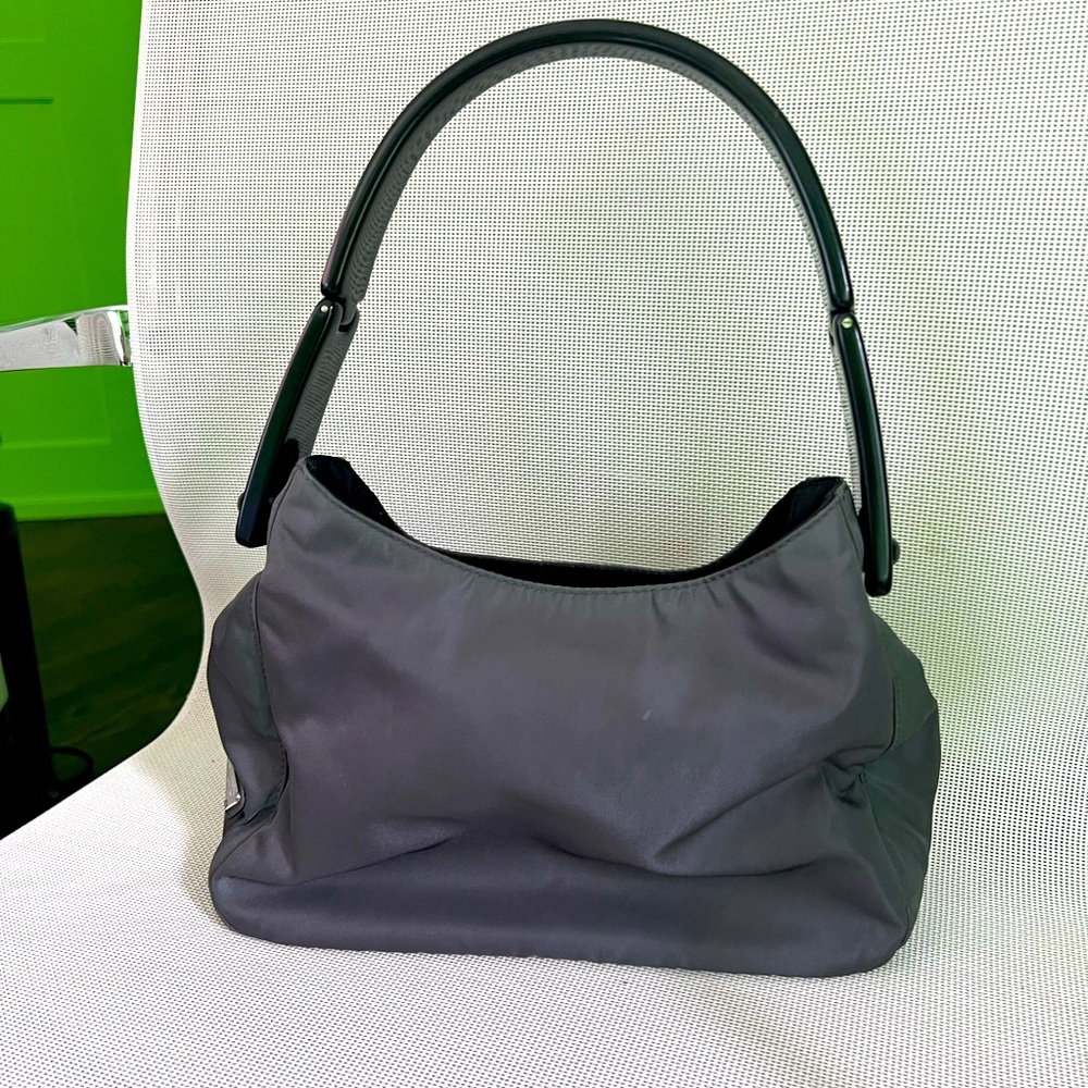 Vintage PRADA Grey Nylon Hobo with Black Plastic Handle
